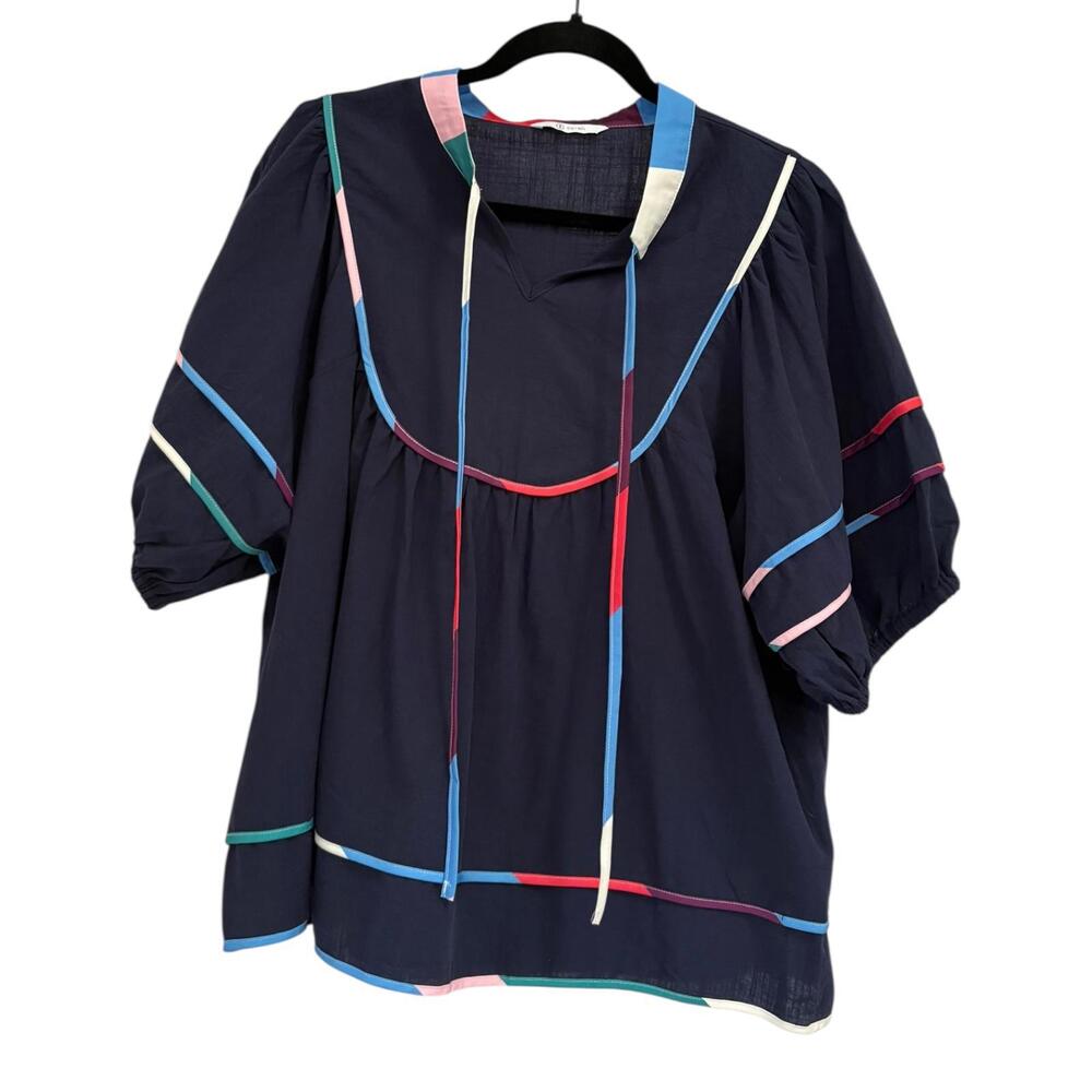 Cicy Bell Boho Peasant Blouse Navy Cotton Puff Sleeve Color Trim XL